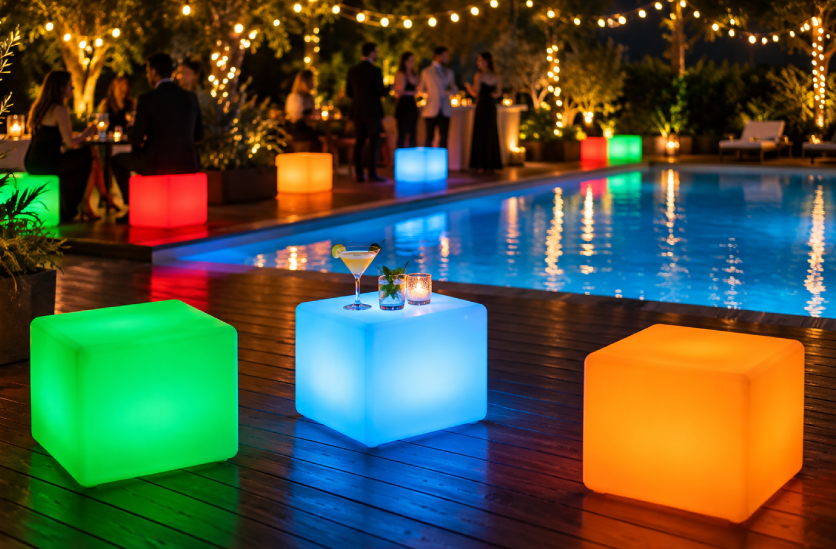 Mobilier extérieurs lumineux installé au bord d'une piscine pour une soirée privée à Tarbes